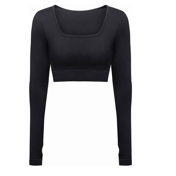 Ribbed Crop Top with Thumb Holes Black S - Picture 3 of 9